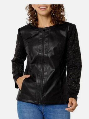 Colleen Lopez Faux Leather Moto Jacket With Beaded Sleeves Black Size XS, S